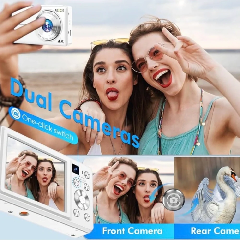 White 4K Compact Digital Camera with LCD Display